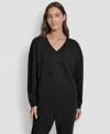 Dkny Women's Allover Stack Rhinestone V-neck Sweatshirt In Black