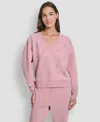 Dkny Women's Allover Stack Rhinestone V-neck Sweatshirt In Pink
