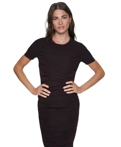 Dkny Women's Animal Intarsia Short-sleeve Crewneck Sweater In Black