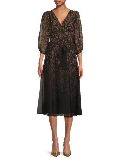 Dkny Women's Animal-print Chiffon Belted Midi-dress In Brown