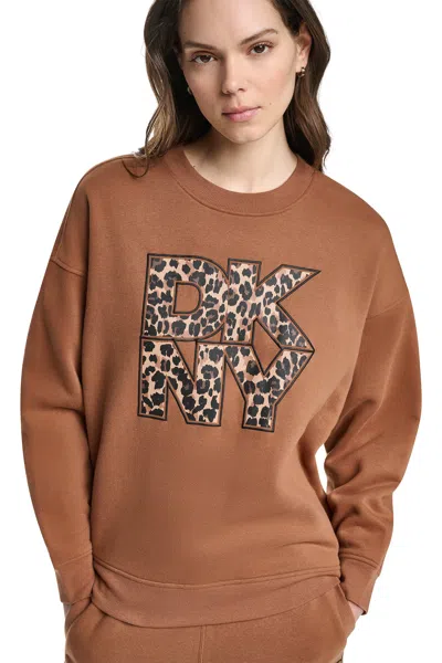 Dkny Women's Animal Print Logo Sweatshirt In Brown