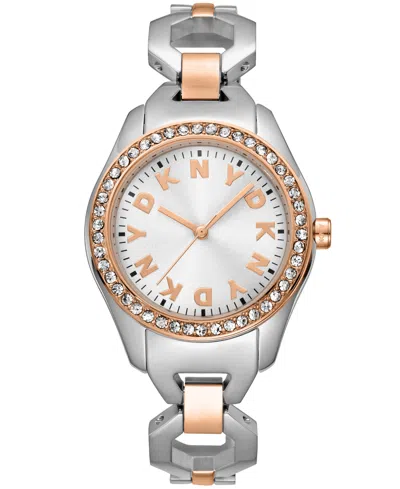 Dkny Women's Astoria Midi Glitz Silver Dial Rose Gold-two-tone Stainless Steel Bracelet Watch 33mm