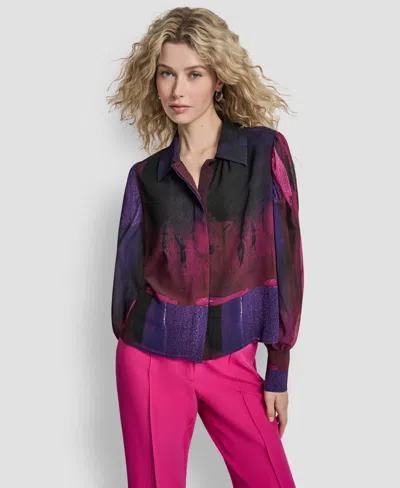 Dkny Women's Balloon Sleeve Collared Neck Top In Multi