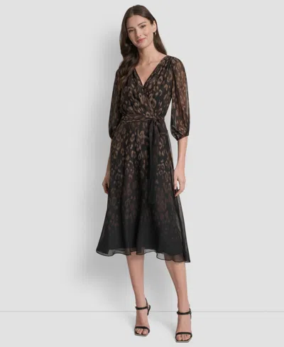 Dkny Women's Balloon Sleeve Faux Wrap Midi Dress In Black