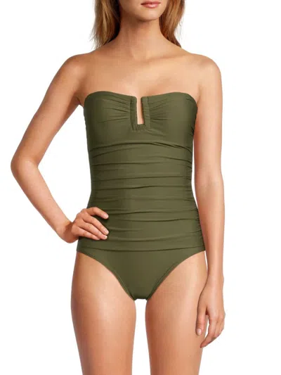Dkny Women's Bandeau Ruched One Piece Swimsuit In Moss