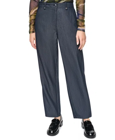Dkny Women's Barrel-leg Mid-rise Indigo Sanded Twill Pants In Dark Indigo Wash