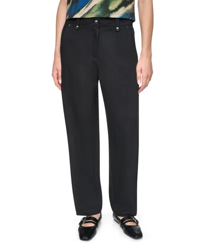 Dkny Women's Barrel-leg Sanded Twill Mid-rise Pants In Black