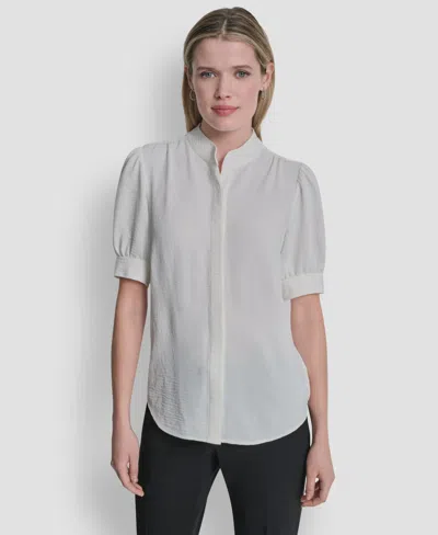 Dkny Women's Bell-sleeve Mandarin Collar Textured Blouse In White