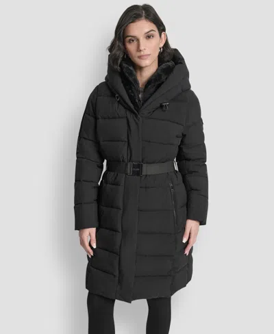 Dkny Women's Belted Asymmetrical Zip Front Puffer Coat In Black