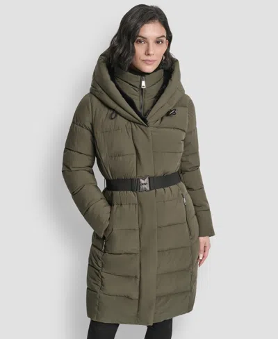 Dkny Women's Belted Asymmetrical Zip Front Puffer Coat In Gold