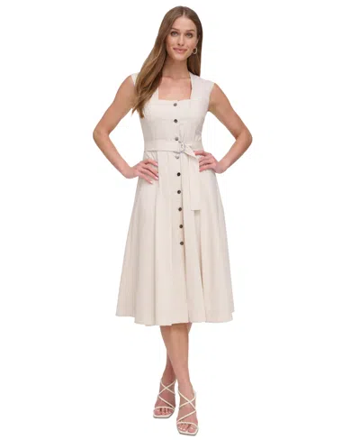 Dkny Women's Belted Button-front Midi Dress In Elegant Beige