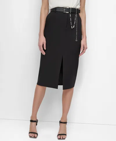 Dkny Women's Belted Chain-trim Front-slit Pencil Skirt In Black