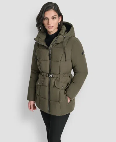 Dkny Women's Belted Hooded Puffer Coat In Green