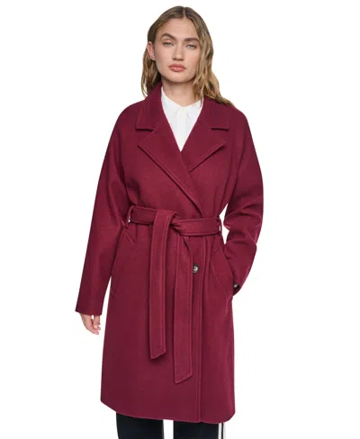 Dkny Women's Belted Notch Collar Coat In Burgundy