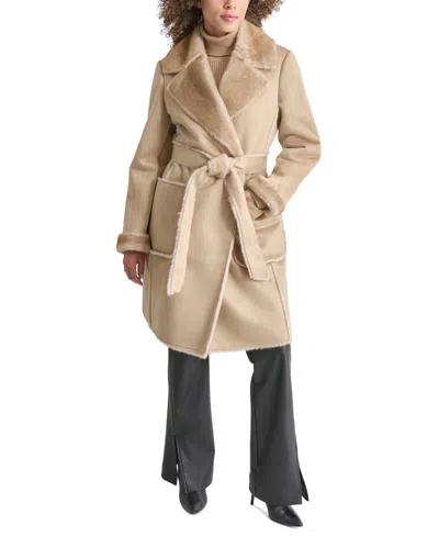 Dkny Women's Belted Notched-collar Faux-shearling Coat, Created For Macy's In Camel