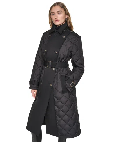 Dkny Women's Belted Quilted Trench Coat In Black