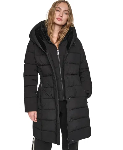 Dkny Women's Belted Walker With Faux Fur Hood And Bib Coat In Black