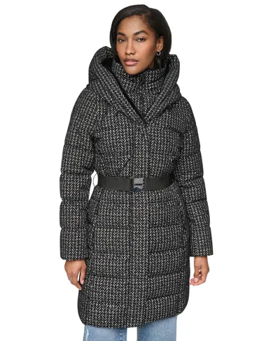Dkny Women's Belted Walker With Faux Fur Hood And Bib Coat In Gray