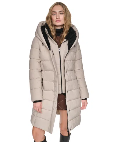 Dkny Women's Belted Walker With Faux Fur Hood And Bib Coat In Neutral