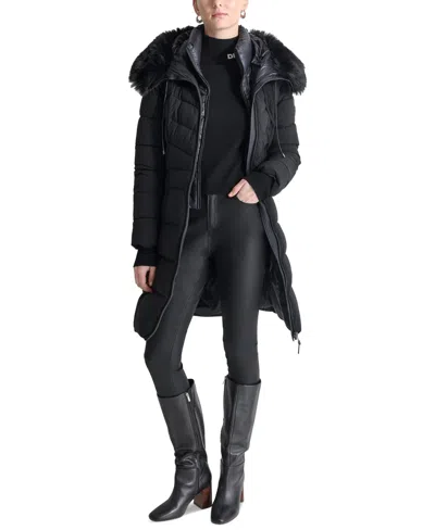 Dkny Women's Bibbed Faux-fur-trim Hooded Puffer Coat In Black