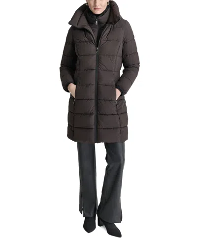 Dkny Women's Plus Size Bibbed Hooded Puffer Coat In Bitter