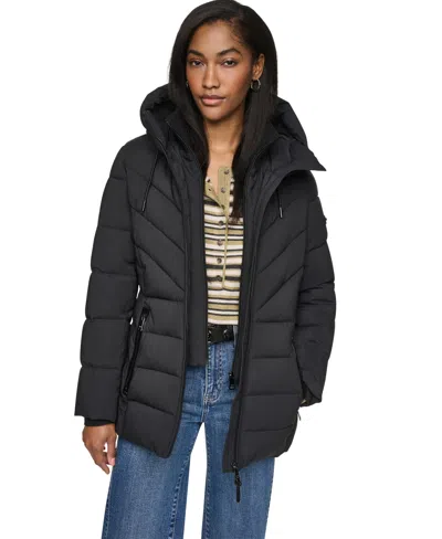 Dkny Women's Bibbed Knit Collar Puffer Coat In Black