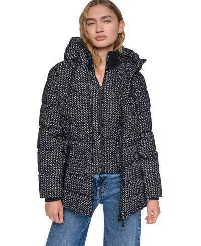 Dkny Women's Bibbed Knit Collar Puffer Coat In Black