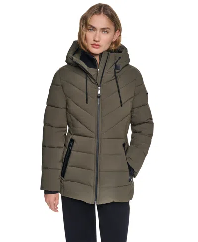 Dkny Women's Bibbed Knit Collar Puffer Coat In Loden