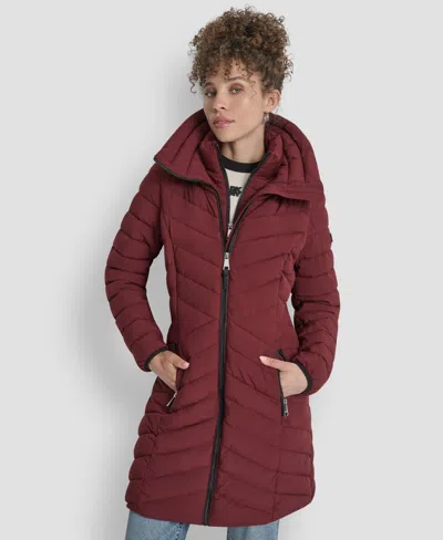 Dkny Women's Bibbed Packable Puffer Coat In Burgundy