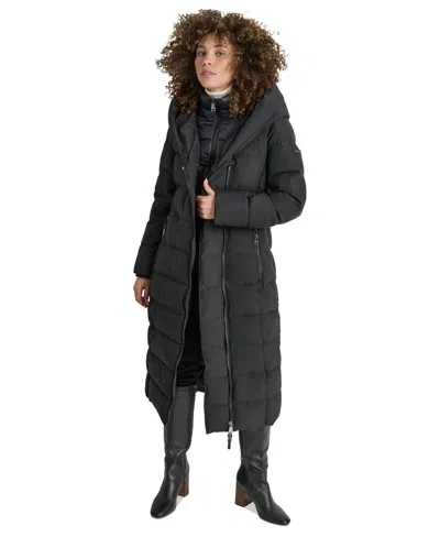 Dkny Women's Bibbed Shawl Collar Hooded Puffer Coat In Black