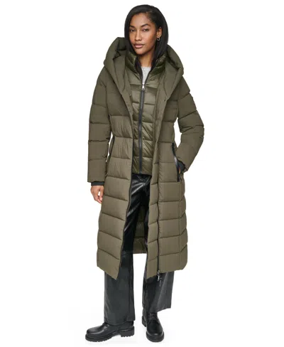 Dkny Women's Bibbed Shawl Collar Hooded Puffer Coat In Green