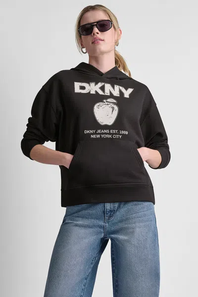 Dkny Women's Big Apple Rhinestone Logo Hoodie In Black