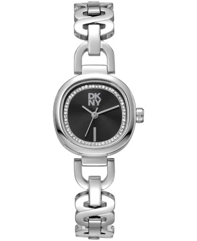 Dkny Women's Black Crystal Accented Dial Stainless Steel Open Link Bracelet Watch, 24mm In Silver