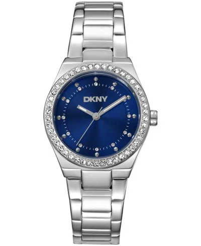 Dkny Women's Blue Dial Crystal Dial Markers Crystal Bezel Stainless Steel Bracelet Watch, 30mm In Metallic