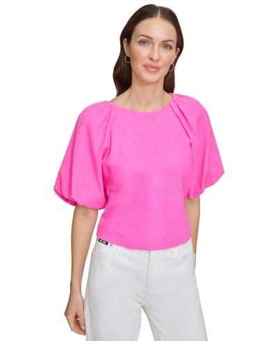 Dkny Women's Boat-neck Short-puff-sleeve Top In Shocking Pink