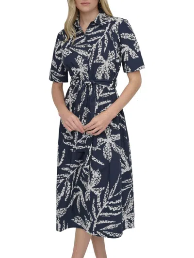 Dkny Women's Botanical Long Sleeve Mdi Shirtdress In Orange Multicolor