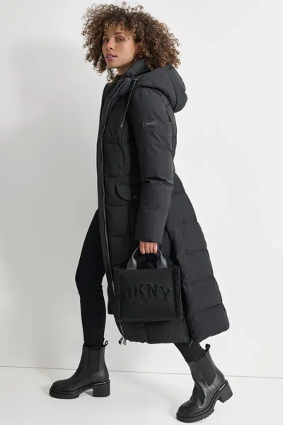 Dkny Women's Box Quilt Long Puffer With Belt In Black