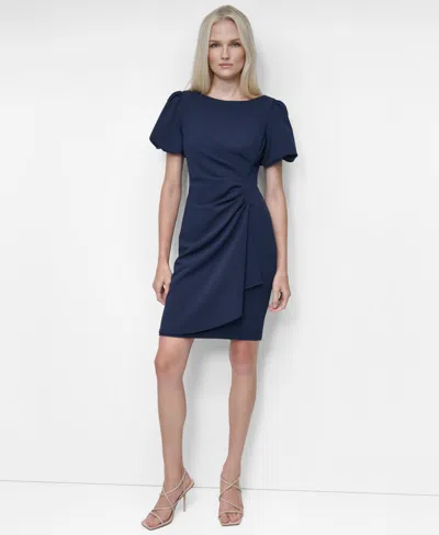 Dkny Women's Bubble Sleeve Scuba Crepe Ruched Sheath Dress In Blue