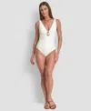 Dkny Women's Buckle Front Removable Cups One-piece Swimsuit In White