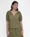 Shop Dkny Women's Bungee-sleeve Perforated Tech Top In Utility Green