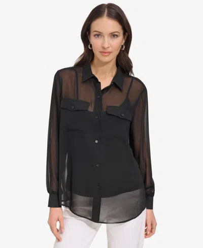 DKNY WOMEN'S BUTTON-DOWN CHIFFON SHIRT