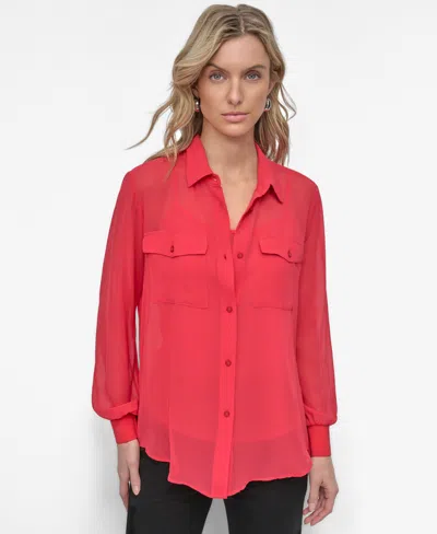 DKNY WOMEN'S BUTTON-DOWN CHIFFON SHIRT