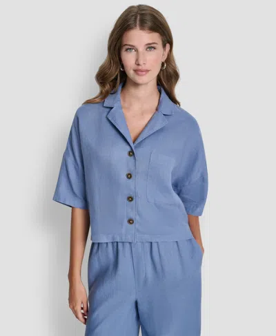 Dkny Women's Button-front Dolman-sleeve Linen Top In Blue