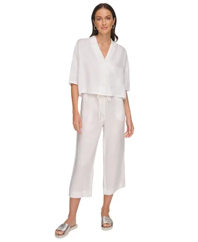 Dkny Women's Button-front Dolman-sleeve Linen Top In White