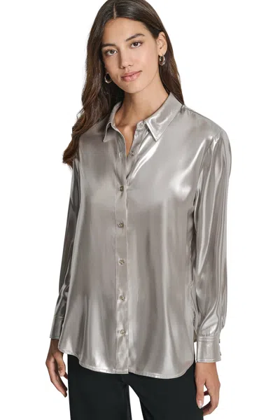 Dkny Women's Button Front Metallic Blouse In Silver