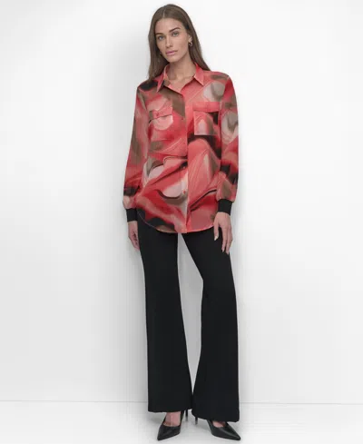 DKNY WOMEN'S BUTTON-FRONT PRINTED CHIFFON BLOUSE