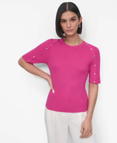 Dkny Women's Button-shoulder Elbow-sleeve Sweater In Pink