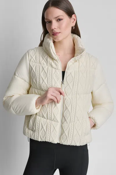 Dkny Women's Cable Knit Mock Neck Puffer Jacket In Yellow