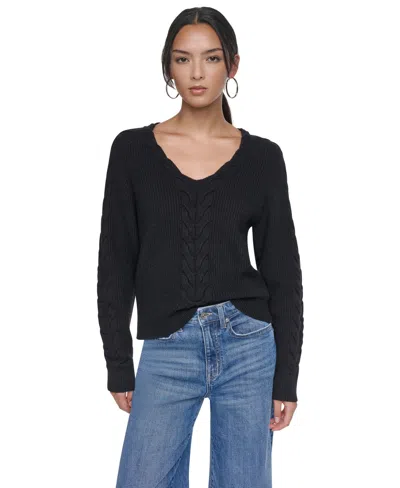Dkny Women's Cable-knit V-neck Sweater In Black