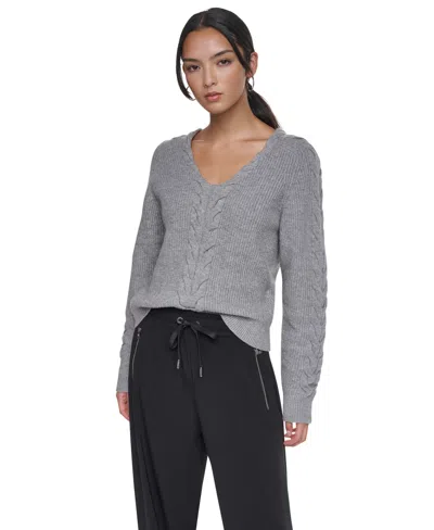 Dkny Women's Cable-knit V-neck Sweater In Gray